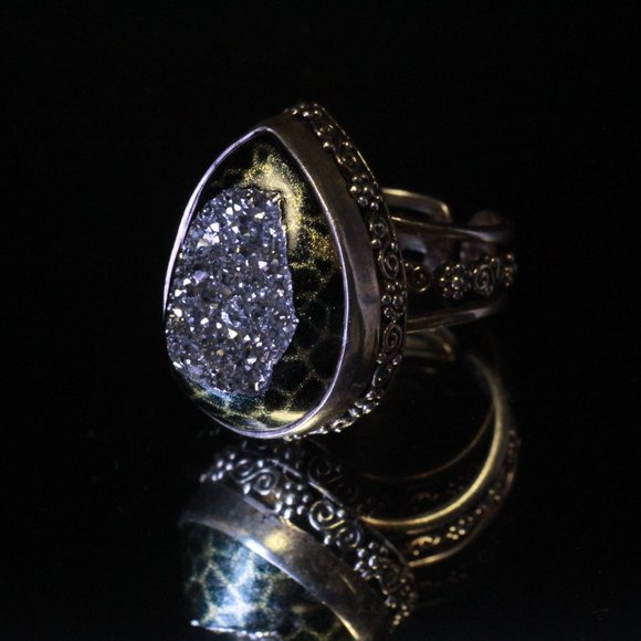 STERLING SILVER SAJEN DRUZY SILVER ANIMAL PRINT SPLIT RING - Picture 6 of 9